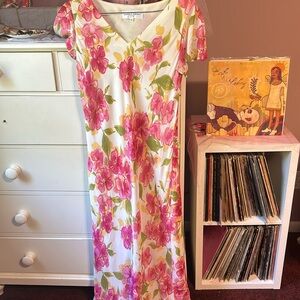 Vintage y2k Floral Maxi Dress Pink Green White 12 Betsey Johnson Long Printed L